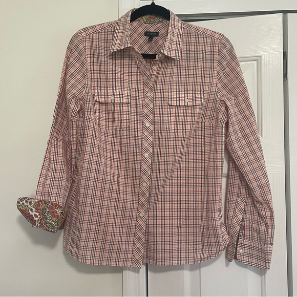 Talbots Long Sleeve Blouse Pink Orange Fall Stripes Size 10 - Picture 1 of 9